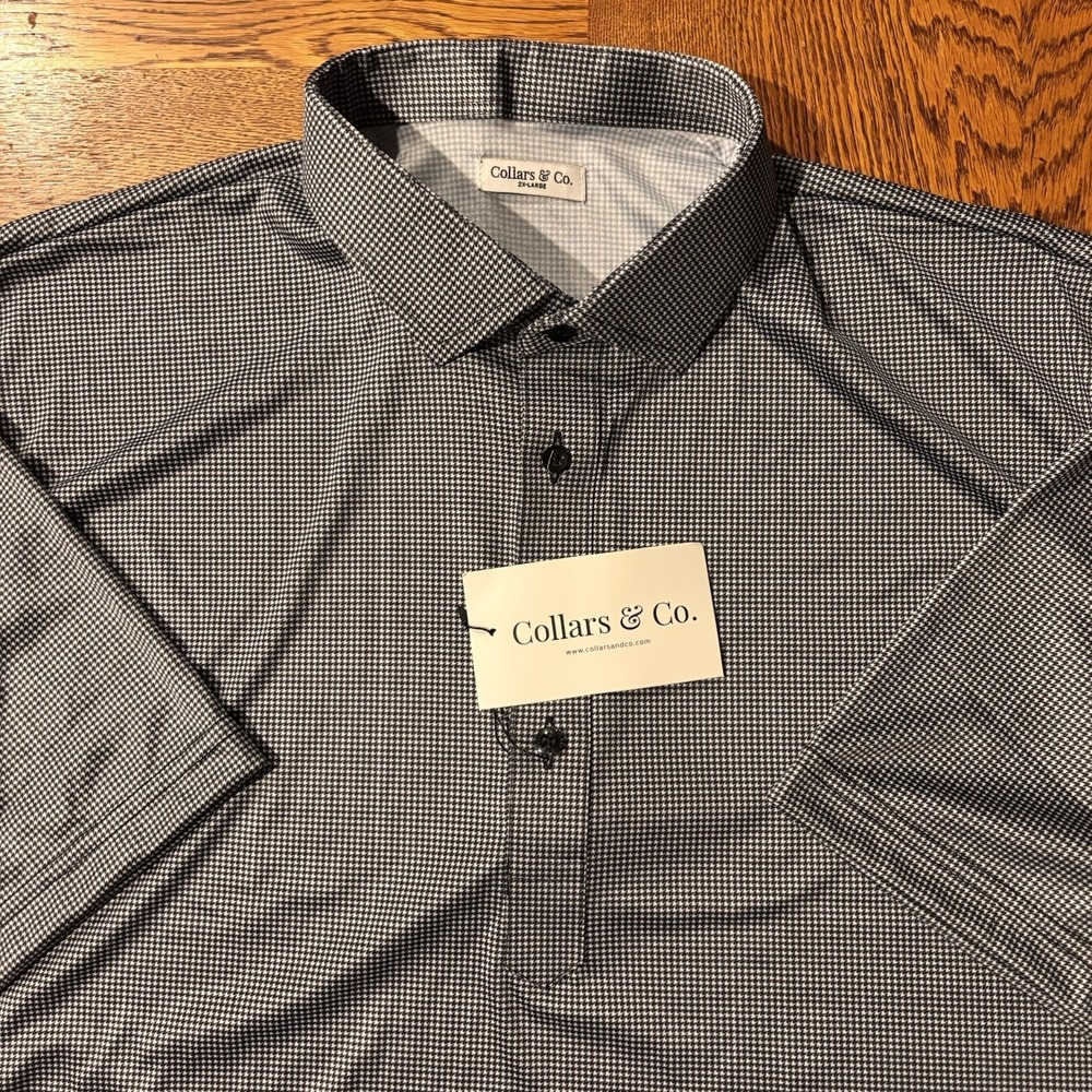 Collars And Co Dress Polo Shirt Mens 2XL  Black Houndstooth Office Stretch NWT